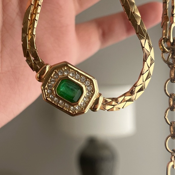 Vintage Grossé (Dior) Green Swirly Poured Glass Double Layer Gold Chain Necklace - Picture 6 of 8